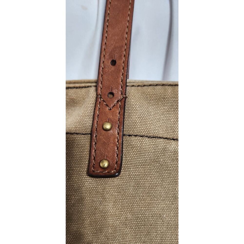 FOSSIL Large Jules Key Tote Tan Canvas Leather Handles Brass Key Tassel - Picture 8 of 13